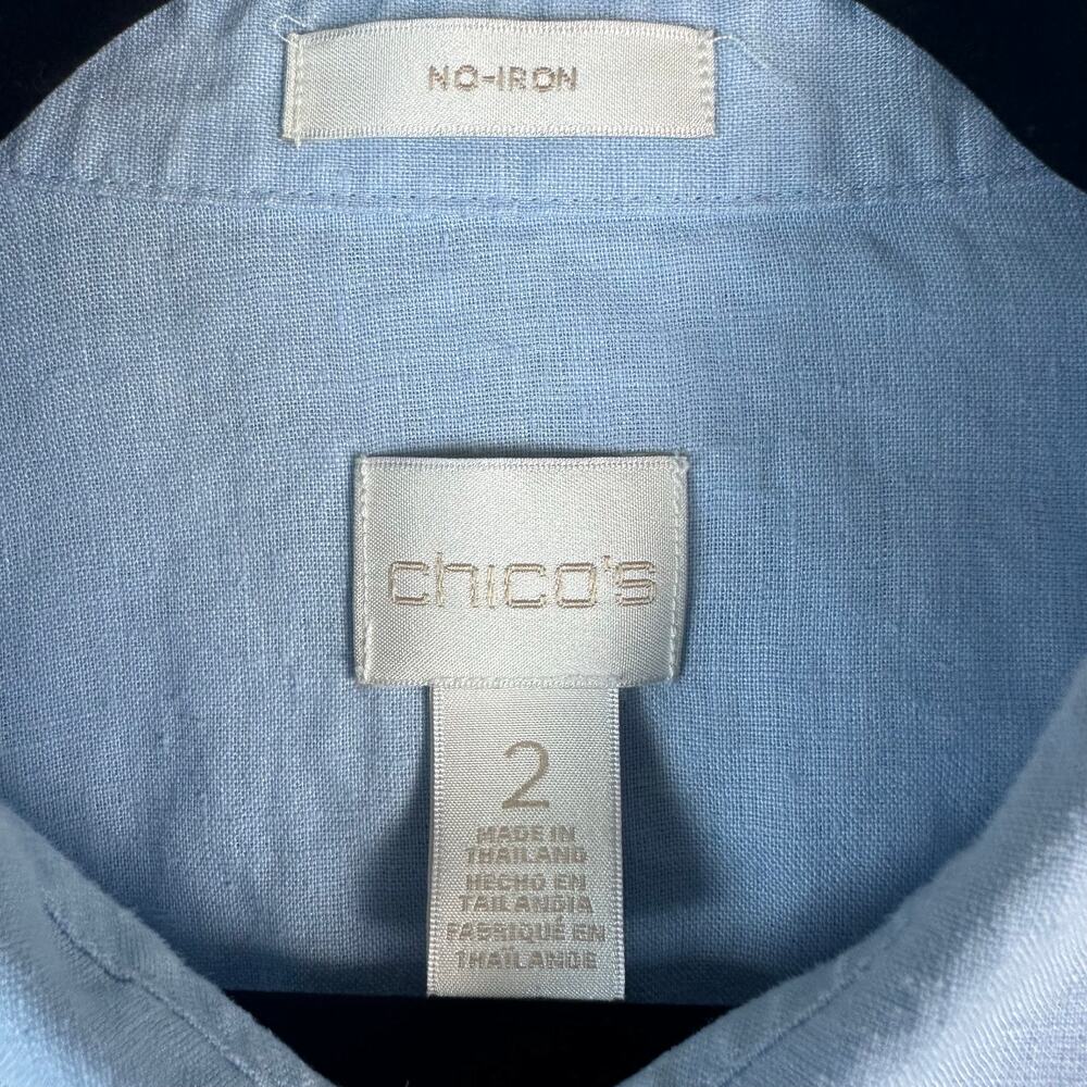 Womens Chicos No Iron 100% Linen Light Blue Button Up RollTab Sleeve Tunic Top L - Picture 4 of 6
